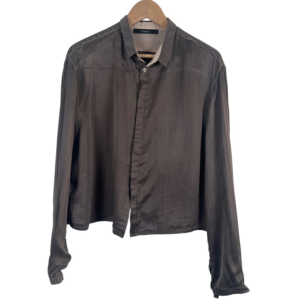 Umit Unal 100% Silk Button Down Shirt Putty Brown Gray Contrast Stitching Large